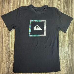 Quiksilver XL Black Graphic Surf T-Shirt Wave Logo Tropical Frame Beach Tee